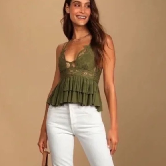 NWT Free People Adella Lace Ruffled Cami Top Olive Green Size Medium - Picture 8 of 8
